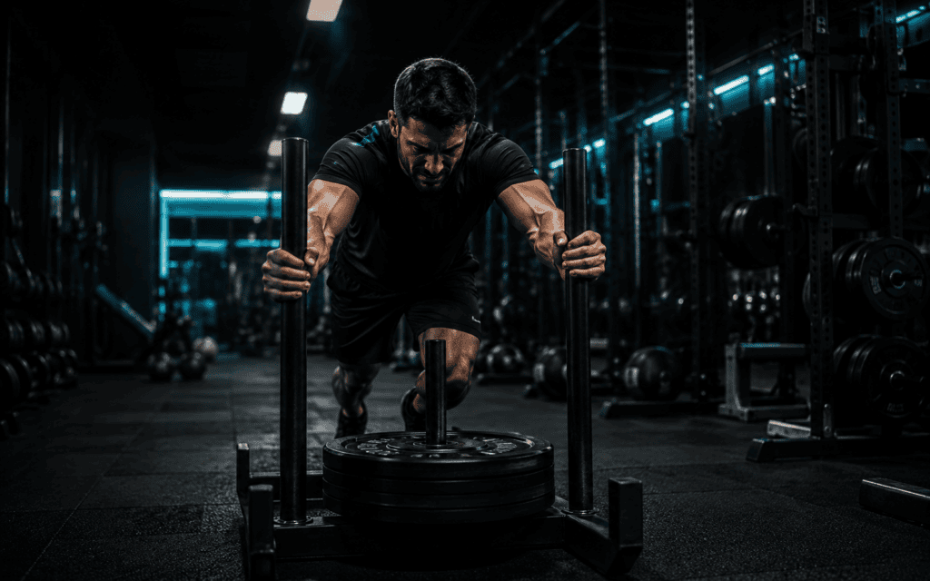 Atleta durante uno sled push in una sessione di preparazione atletica