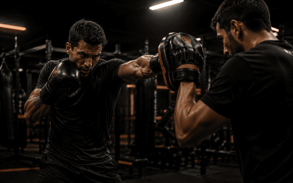Atleta durante un allenamento di Kickboxing e K1 ai colpitori con il coach presso Strike Lab a Latina